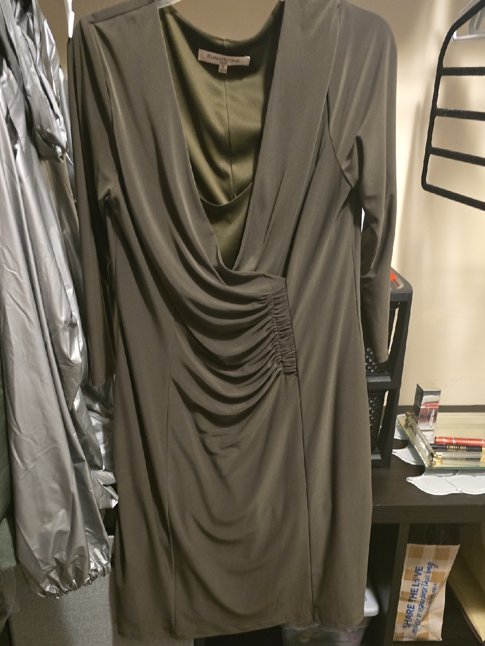 Evan Picone Olive Draped Ruched Long-Sleeve Dress